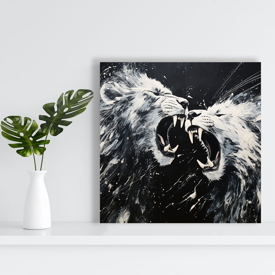 Two White Lions Roaring Face To Face Monochrome Wildlife Poster - Image 2
