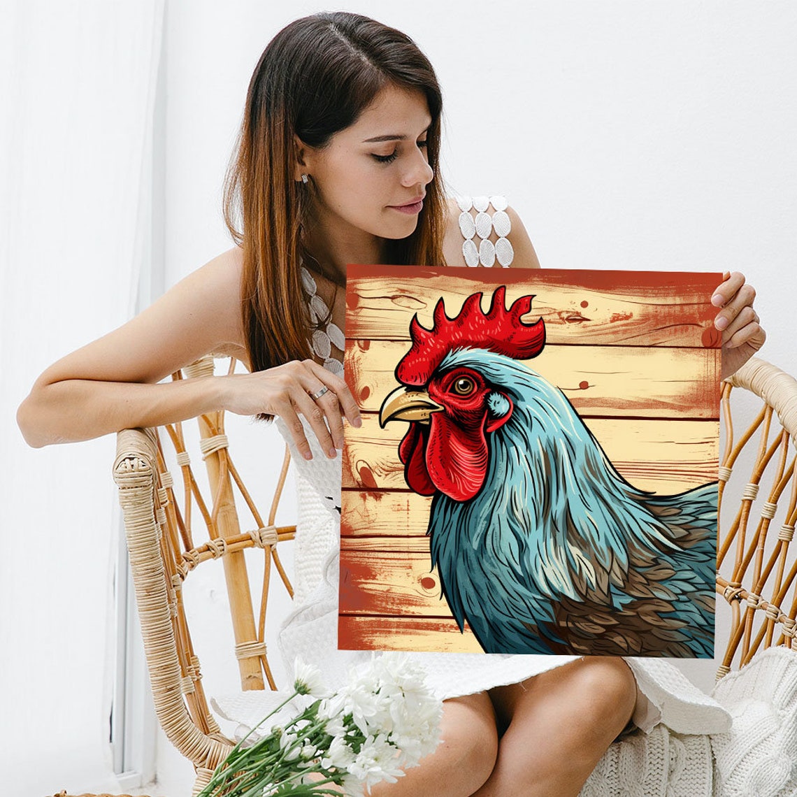 Rooster Portrait Red Comb Blue Feathered Rustic Wood Wall Poster - Image 3