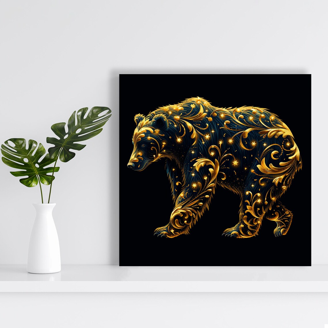 Celestial Gold Bear Poster Black Starry Night Mystic Animal Decor - Image 2