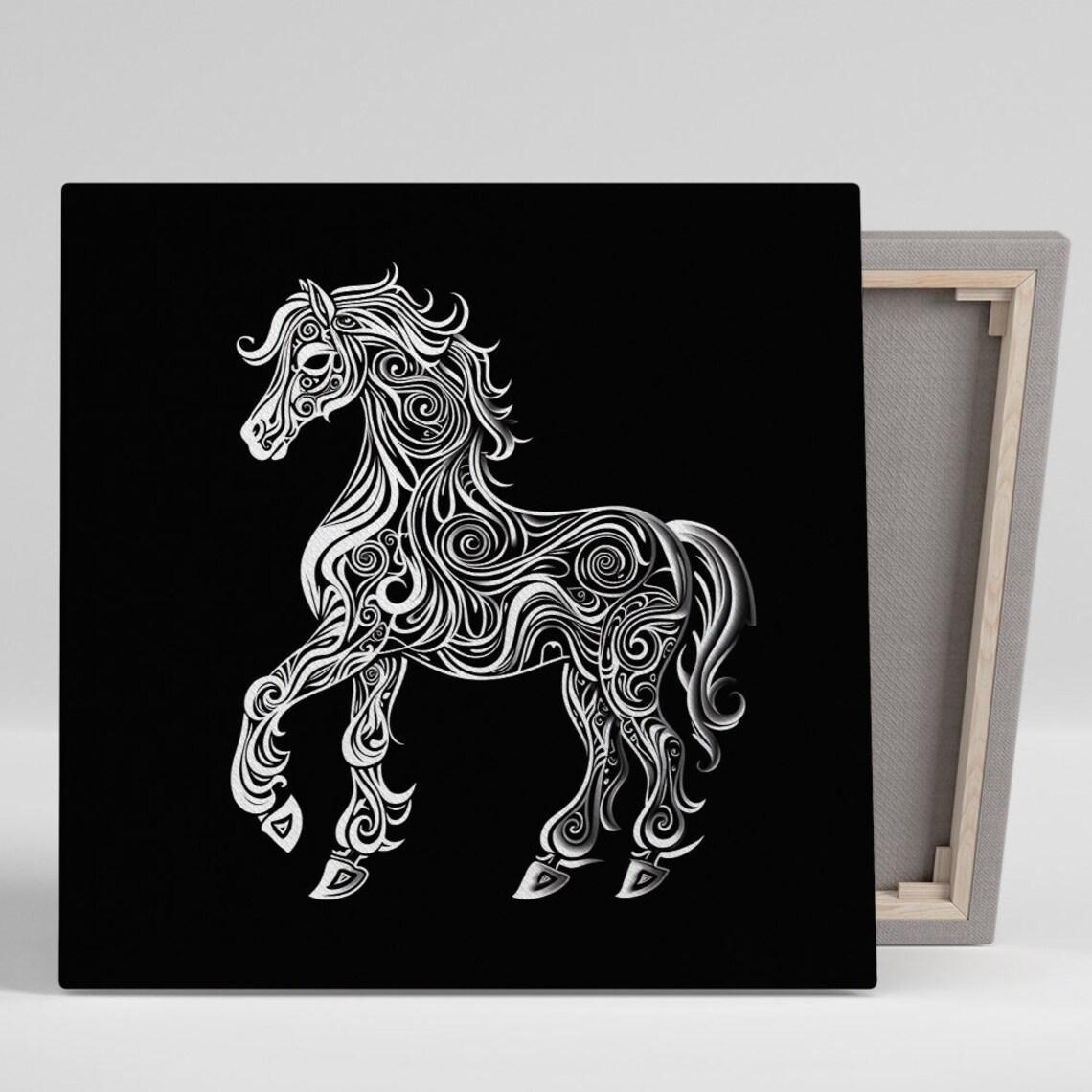 Swirling White Line Art Horse on Black Elegant Abstract Wall Poster