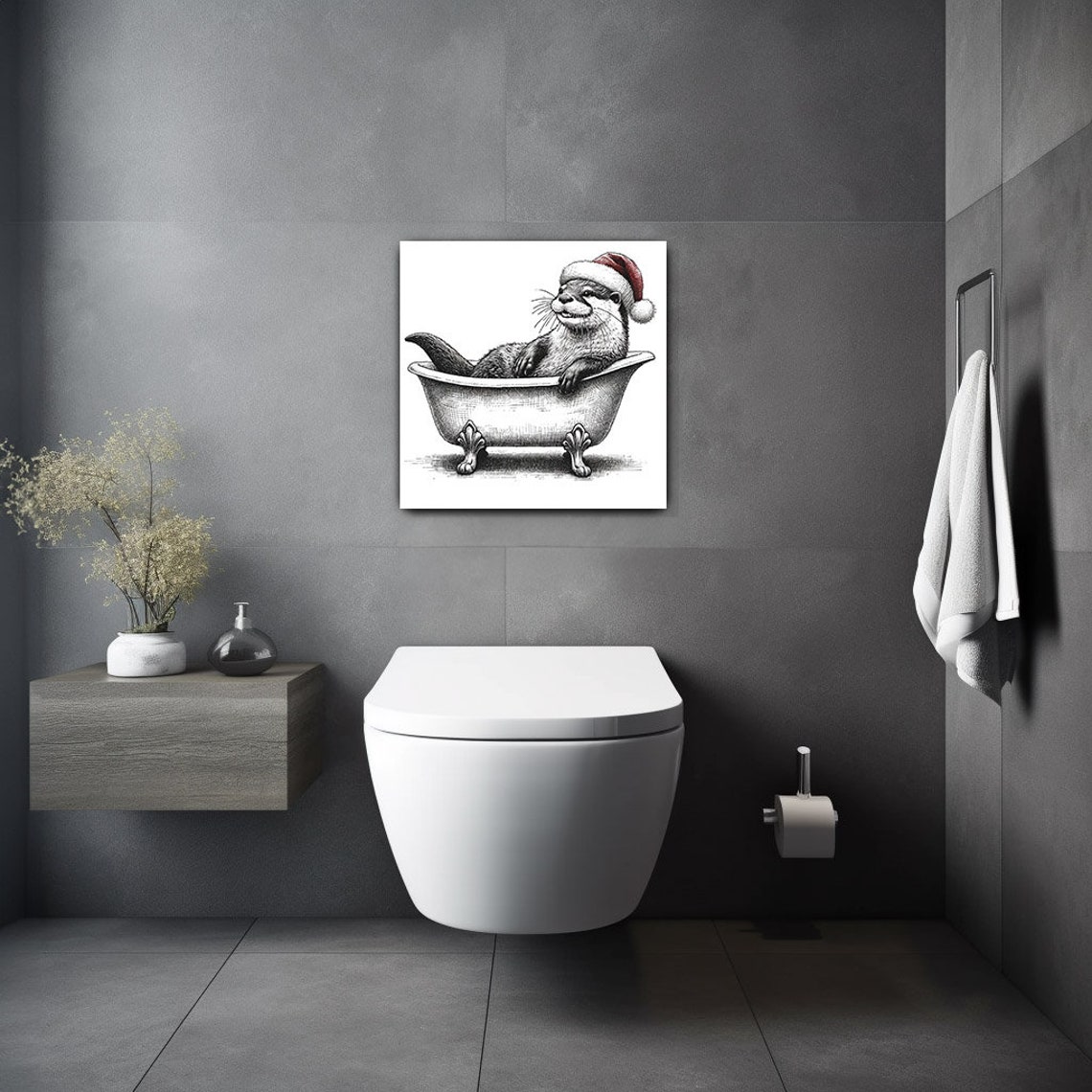 Christmas Otter In Santa Hat Vintage Bathtub Sketch Wall Art Poster - Image 5
