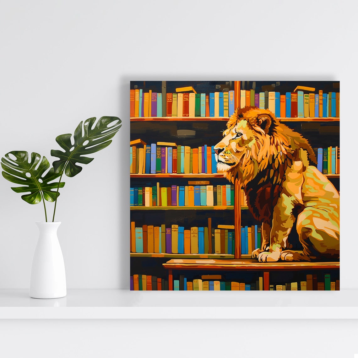 Lion Library Pop Art Colorful Bookshelves Regal Animal Wall Poster - Image 2