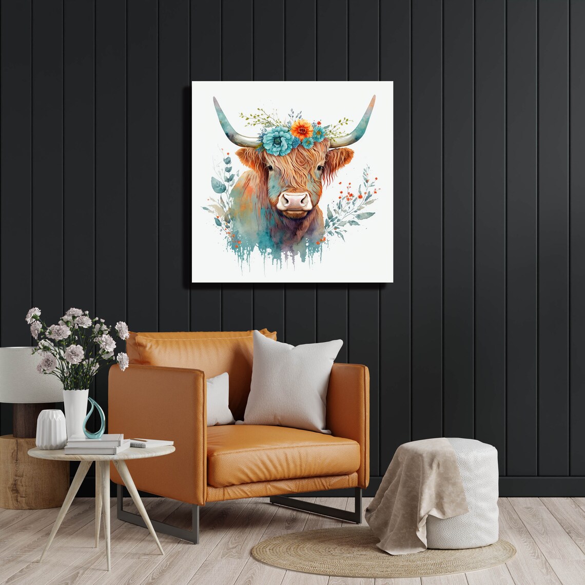 Highland Cow With Flower Art Print, Farm Animal - Image 4