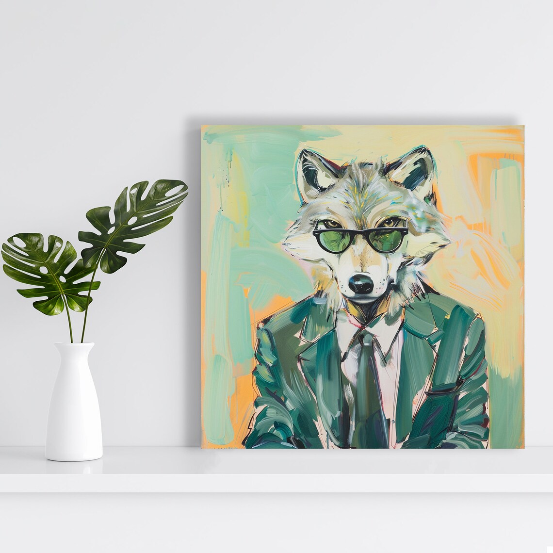 Dapper Wolf In Green Suit Tie And Black Sunglasses Funny Office Animal Poster - Image 2