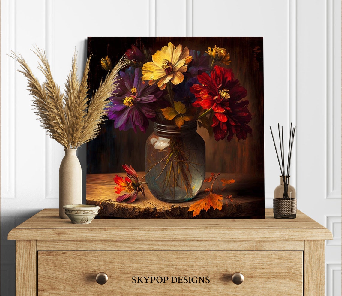 Autumn Flowers In Glass Mason Jar Moody Fall Floral Still Life Poster - Image 2