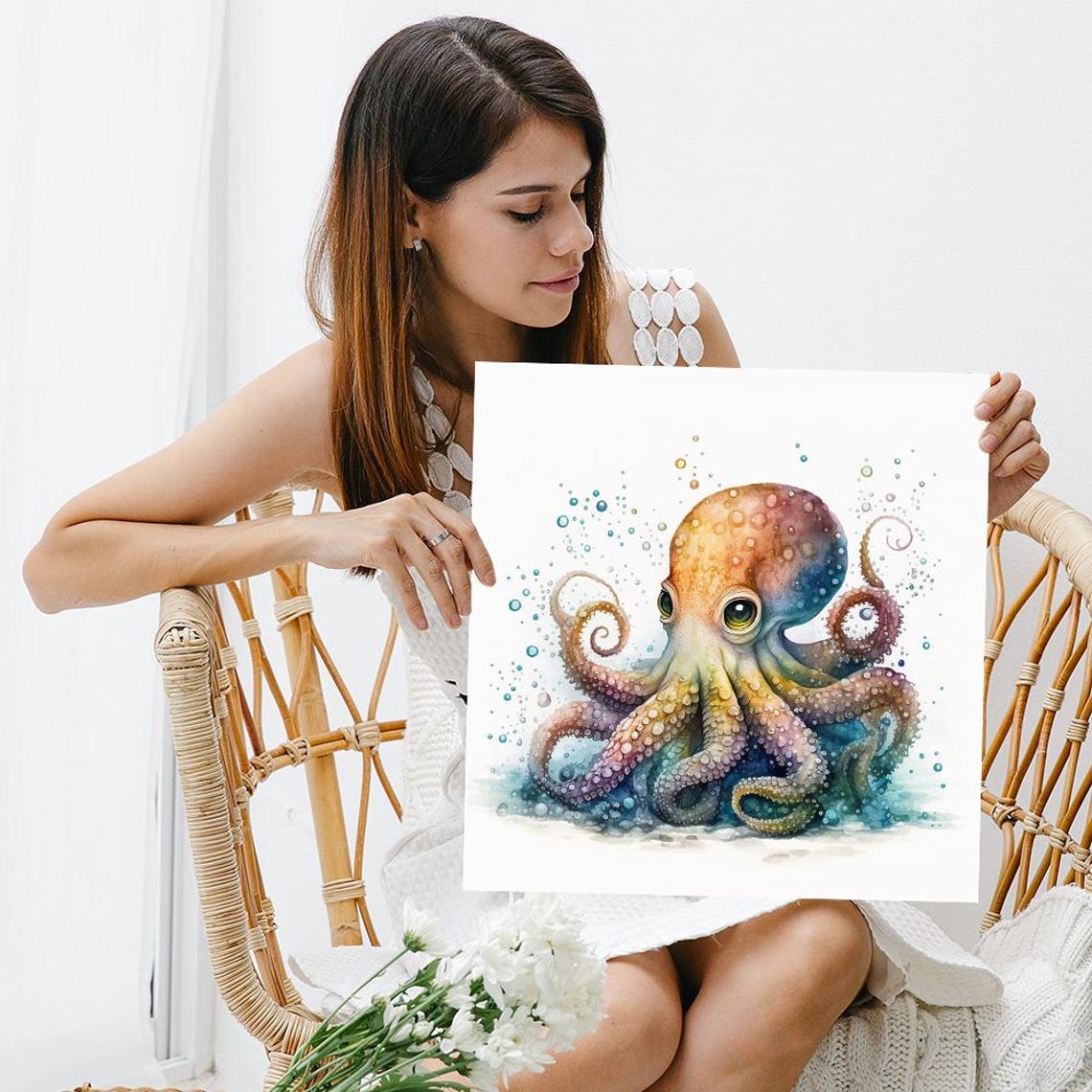 Whimsical Baby Octopus Watercolor Cute Ocean Animal Nursery Poster - Image 3