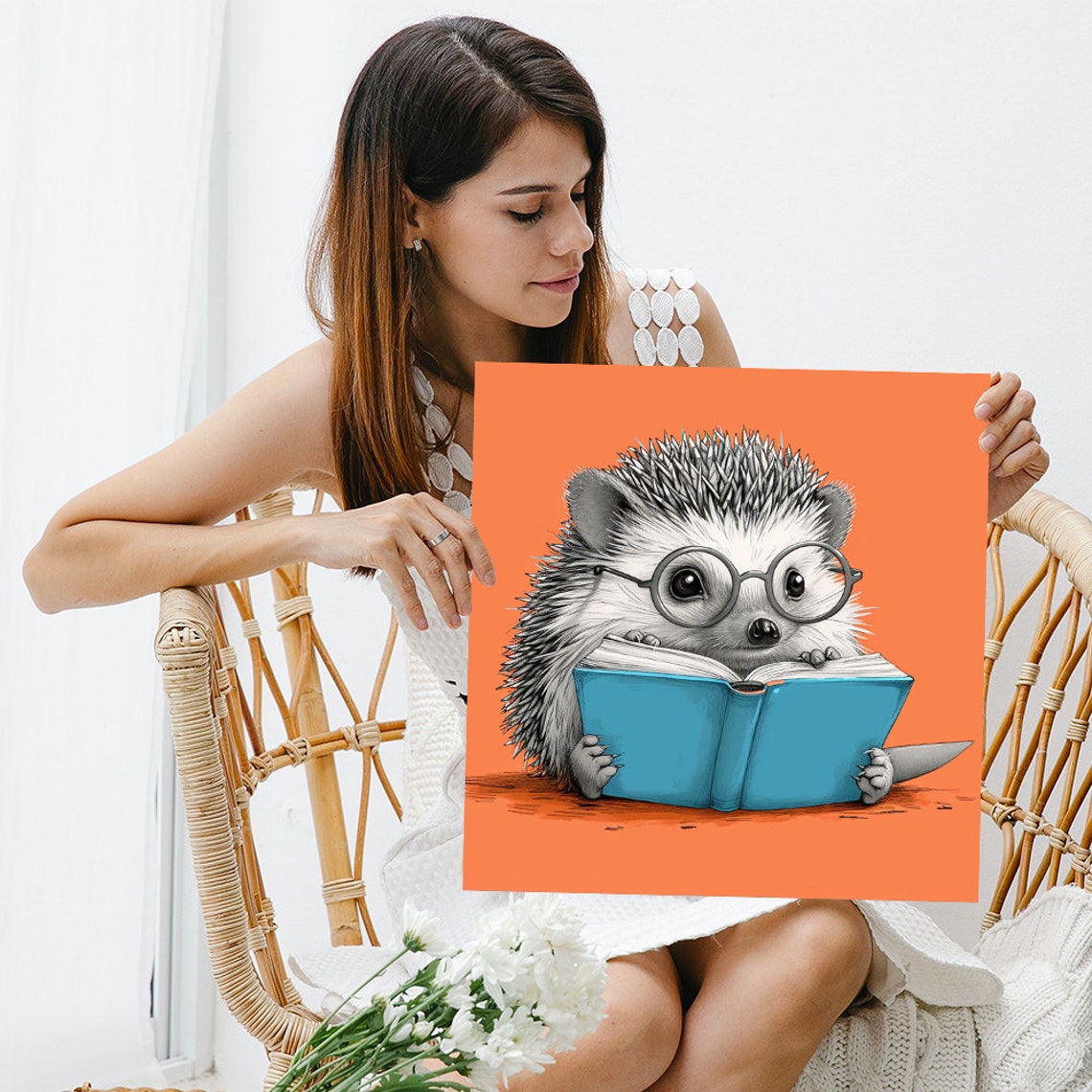 Bookworm Hedgehog Glasses Reading Blue Book Orange Background Poster - Image 3
