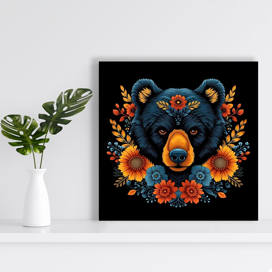 Bear Portrait Surrounded by Floral Blooms Dark Bohemian Wall Poster - Image 2