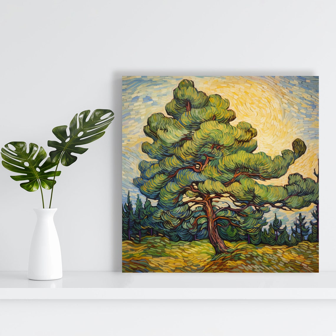 Windswept Pine Tree Golden Sky Swirling Brushwork Landscape Poster - Image 4