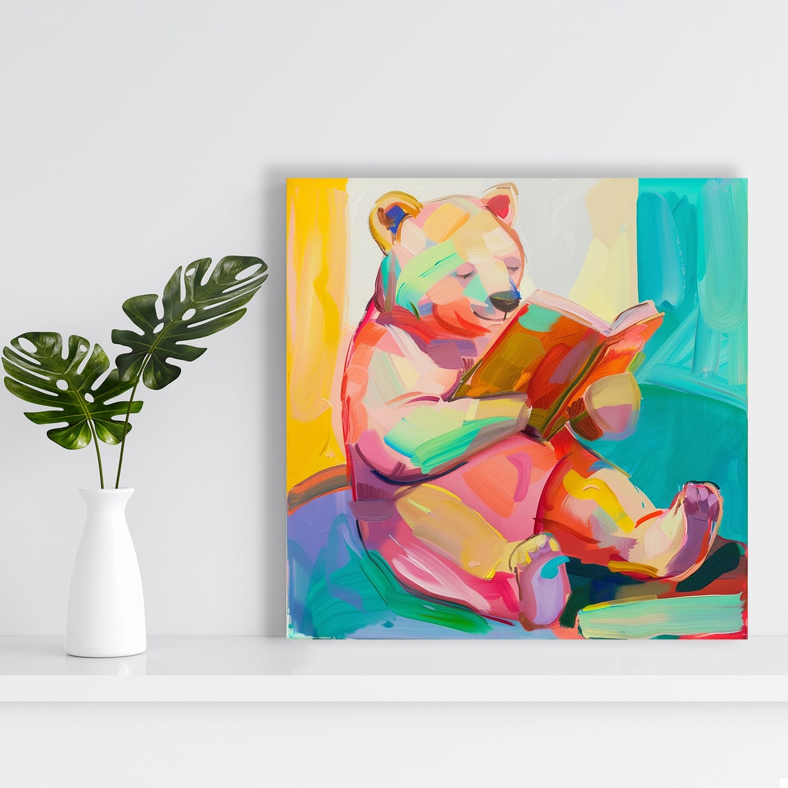 Colorful Abstract Bookworm Bear Reading Book Kids Room Art Poster - Image 2