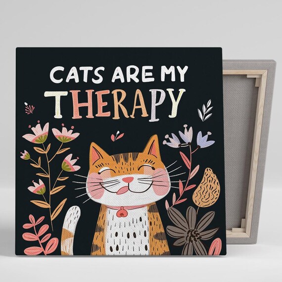 Cats Are My Therapy Quote Poster Smiling Tabby Cat Floral Black Print