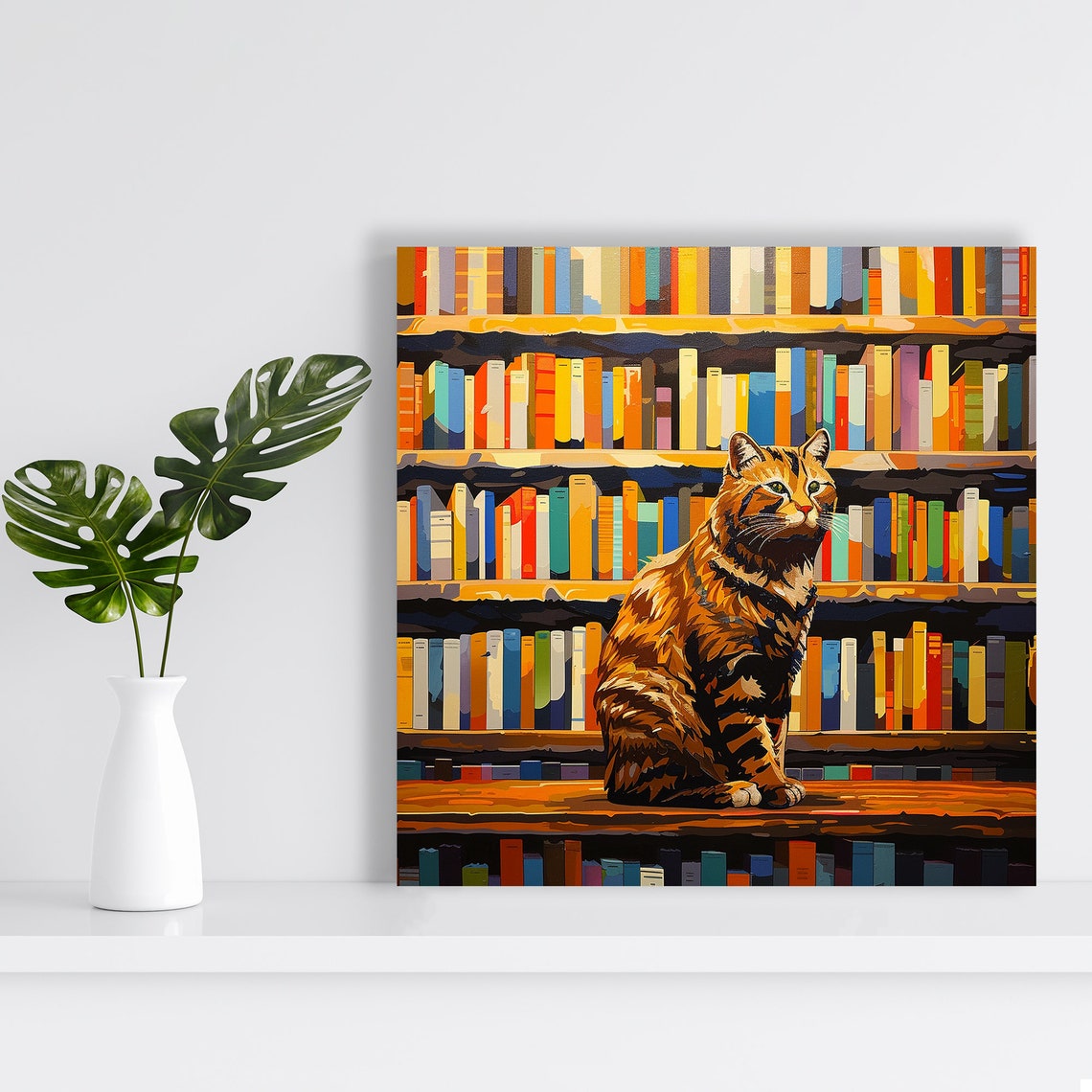 Tabby Cat Sitting on Library Bookshelf Book Lover Wall Poster - Image 2