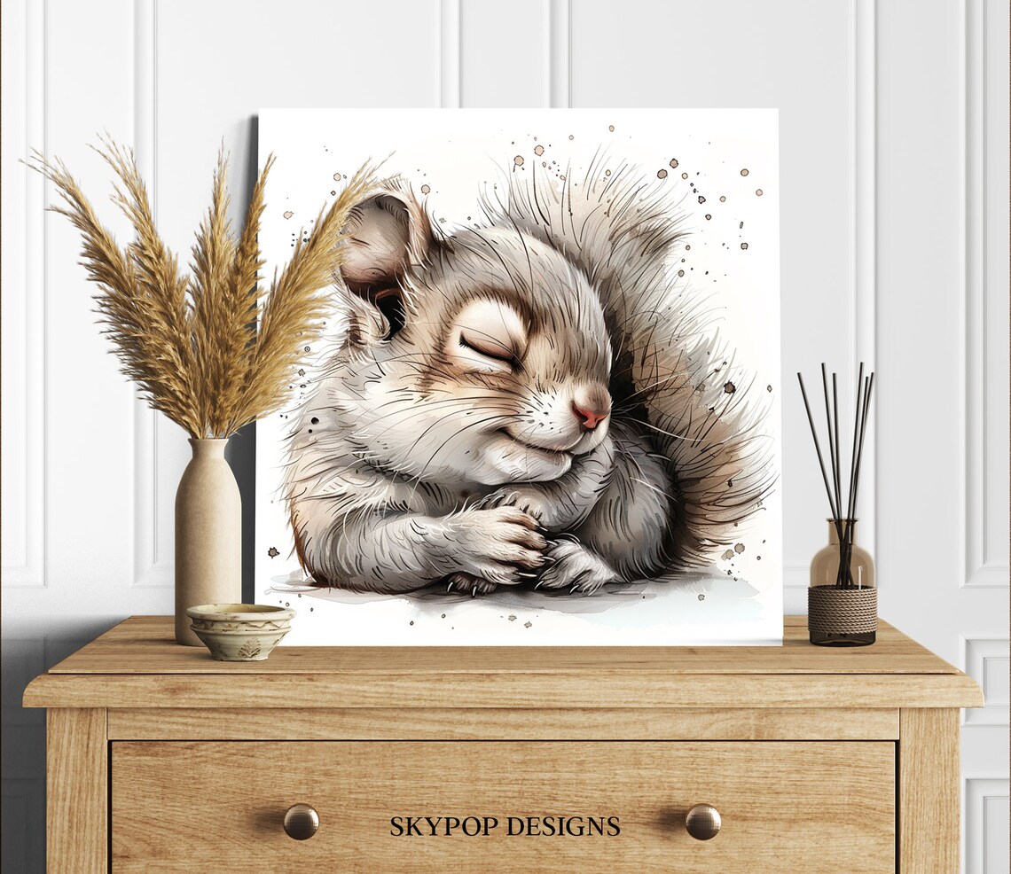 Cozy Sleeping Squirrel Curled Up Soft Watercolor Nursery Wall Art Poster - Image 2