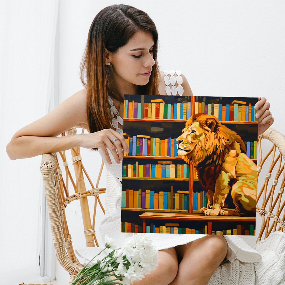 Lion Library Pop Art Colorful Bookshelves Regal Animal Wall Poster - Image 3