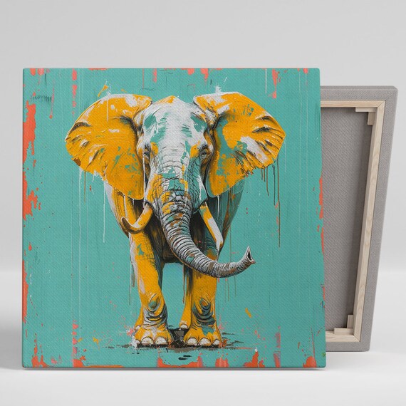 African Elephant Splash Poster Golden Teal Contemporary Wildlife Decor