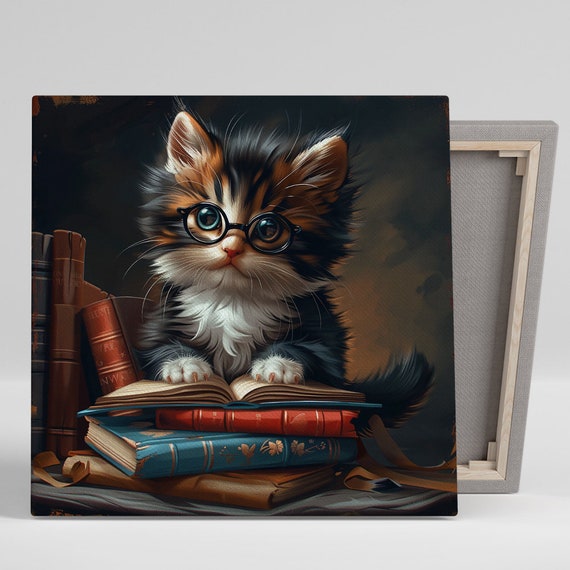 Studious Kitten Art Or Poster Whimsical Animal Decor Childrens Room Library Office Living Room Wall Art Brown Orange Black White