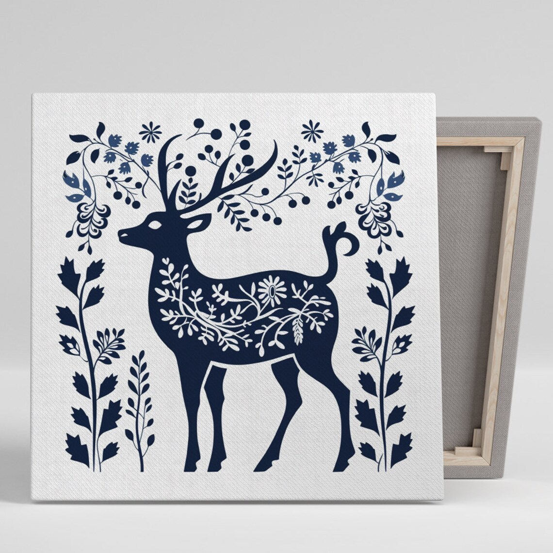 Navy Deer Silhouette Botanical Folk Art Cream Minimalist Poster