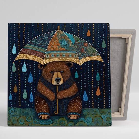 Whimsical Bear With Patterned Umbrella Rainy Night Folk Art Poster
