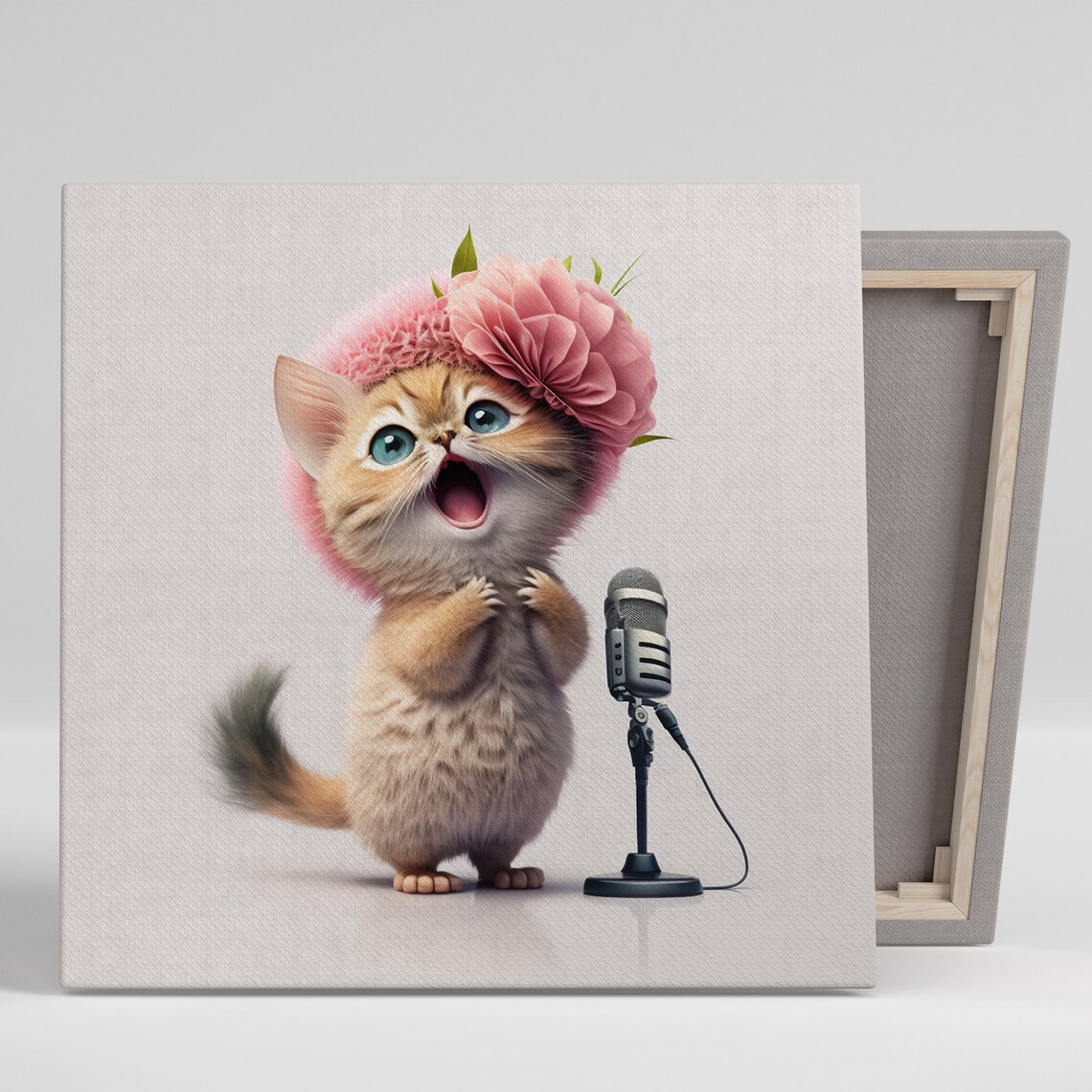 Adorable Singing Kitten Floral Bonnet Vintage Microphone Cute Animal Art Print