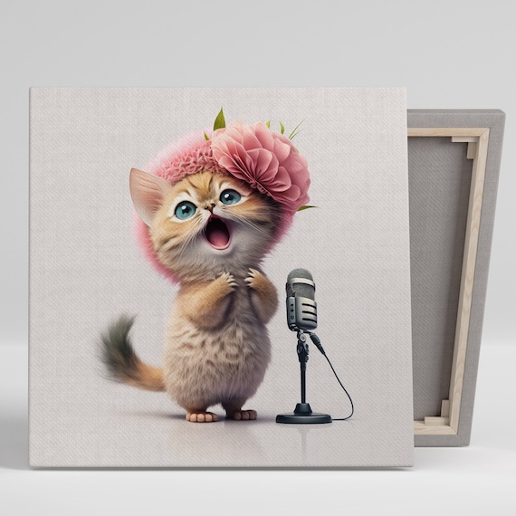 Adorable Singing Kitten Floral Bonnet Vintage Microphone Cute Animal Art Print