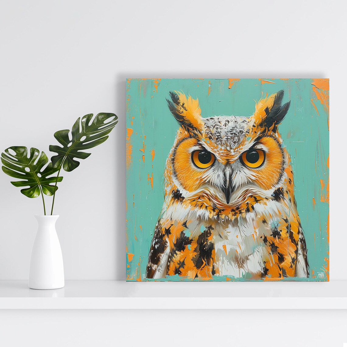 Great Horned Owl Portrait Poster Turquoise Orange Painterly Decor - Image 2