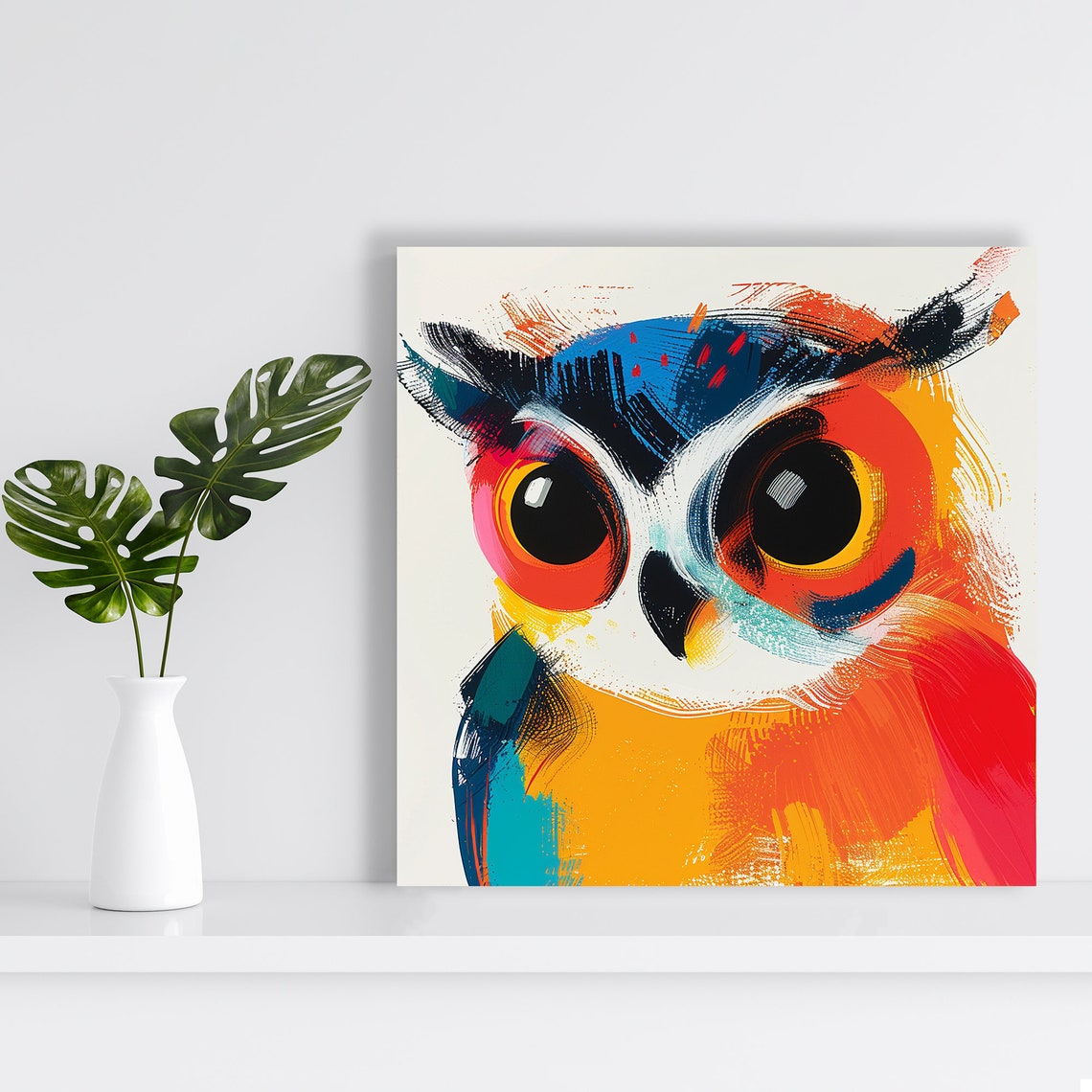 Colorful Owl Close Up Abstract Red Blue Yellow Modern Art Poster - Image 2