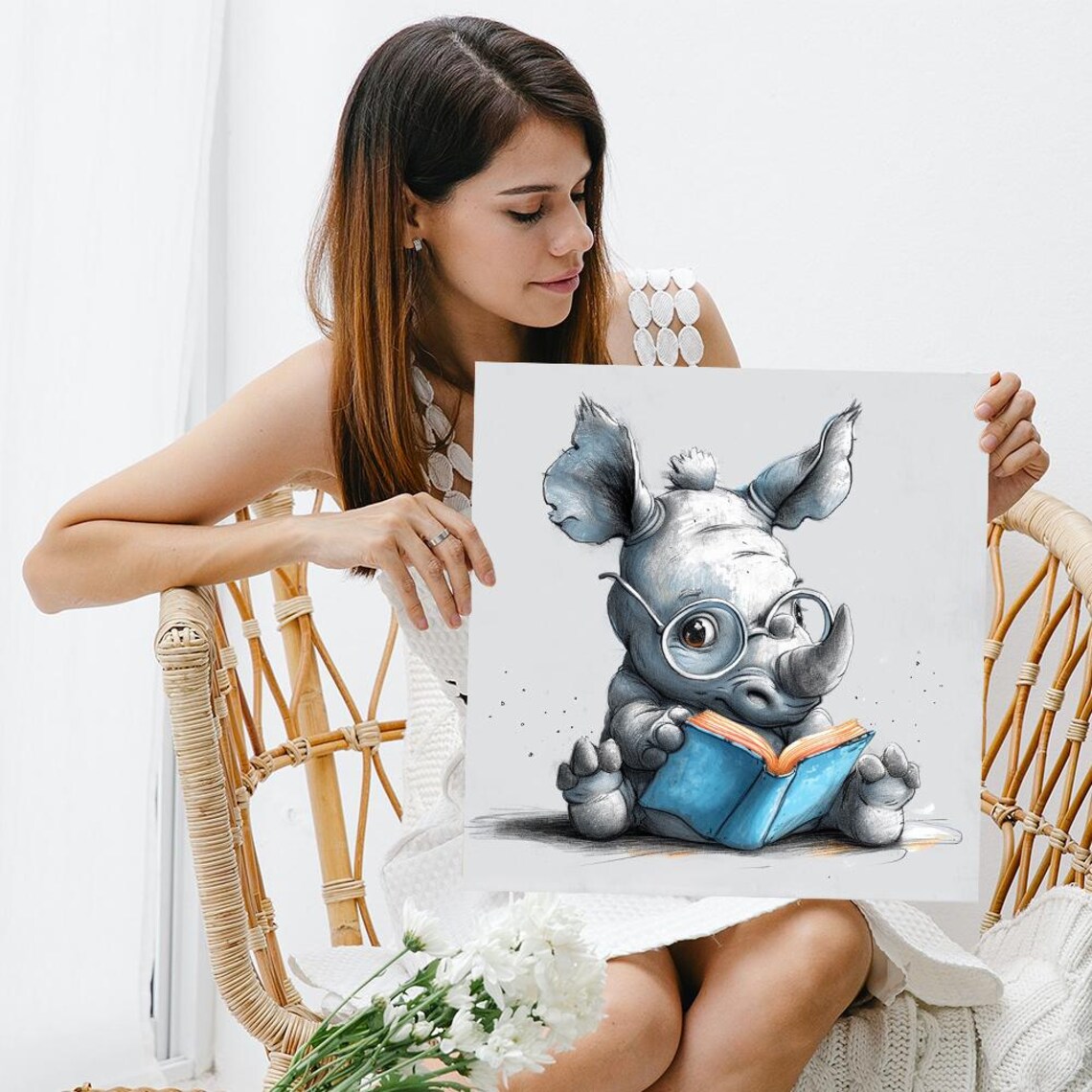 Bookworm Rhino Whimsical Animal Art Print, Nursery Decor - Image 3