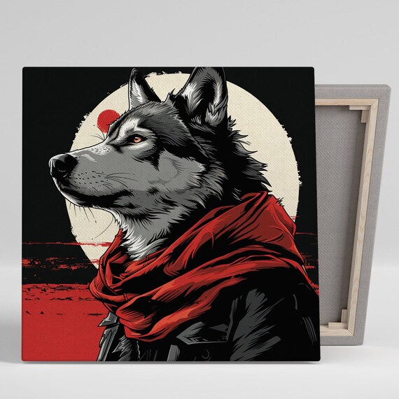 Wolf Red Scarf Full Moon Graphic Art Black Red Dramatic Wall Poster