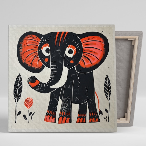 Stylized Elephant Jungle Poster, Retro Scandinavian Decor