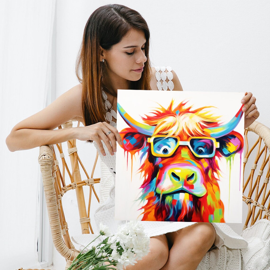 Highland Cow in Glasses Rainbow Drip Paint Whimsical Fun Animal Poster - Image 3