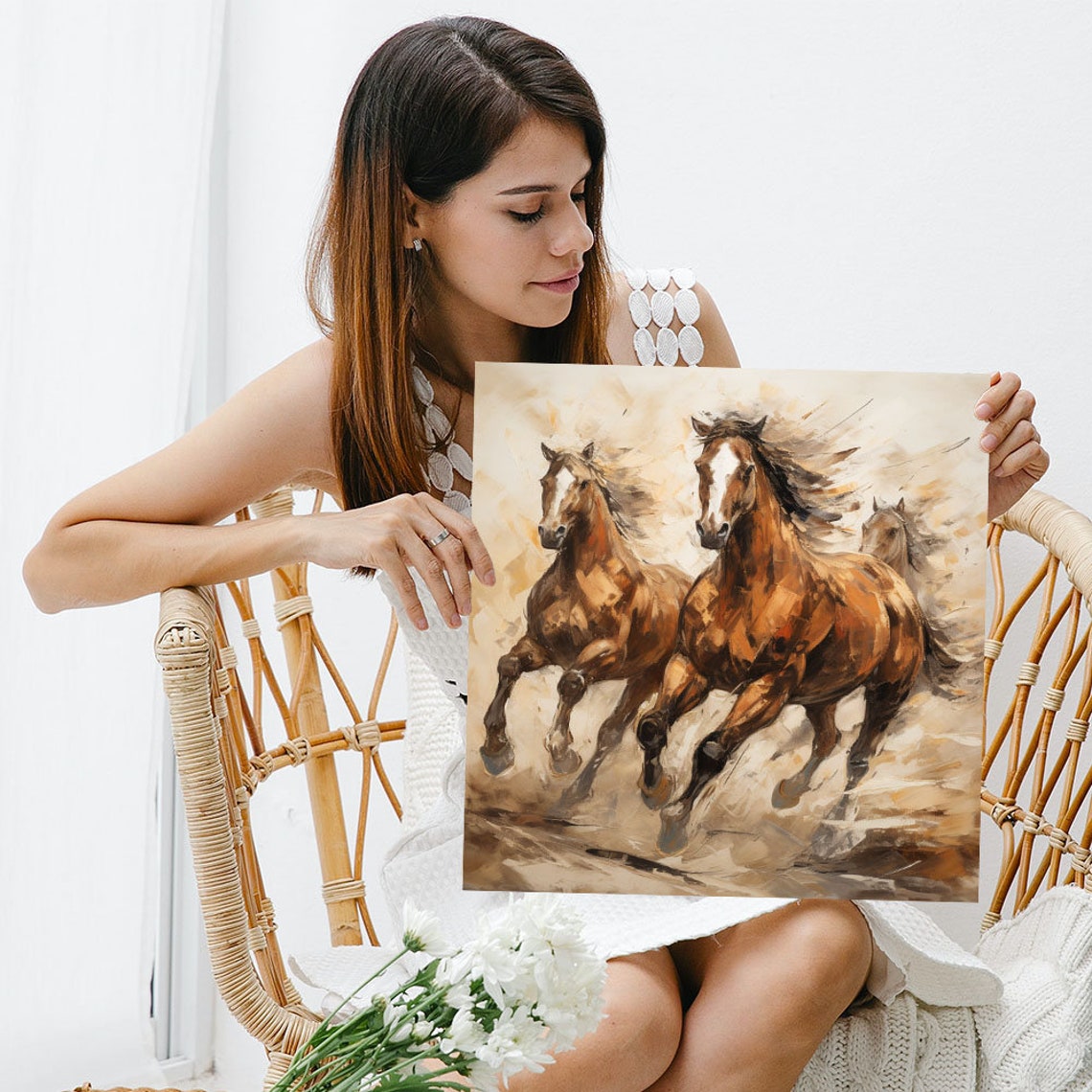 Three Running Wild Horses Herd Warm Watercolor Western Canvas Poster - Image 5