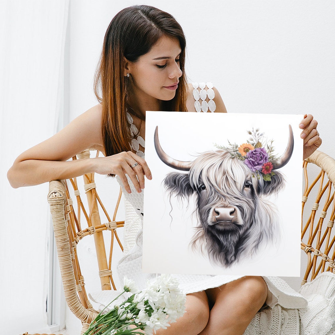 Highland Cow with Purple Floral Crown Boho Rustic Farmhouse Poster - Image 3