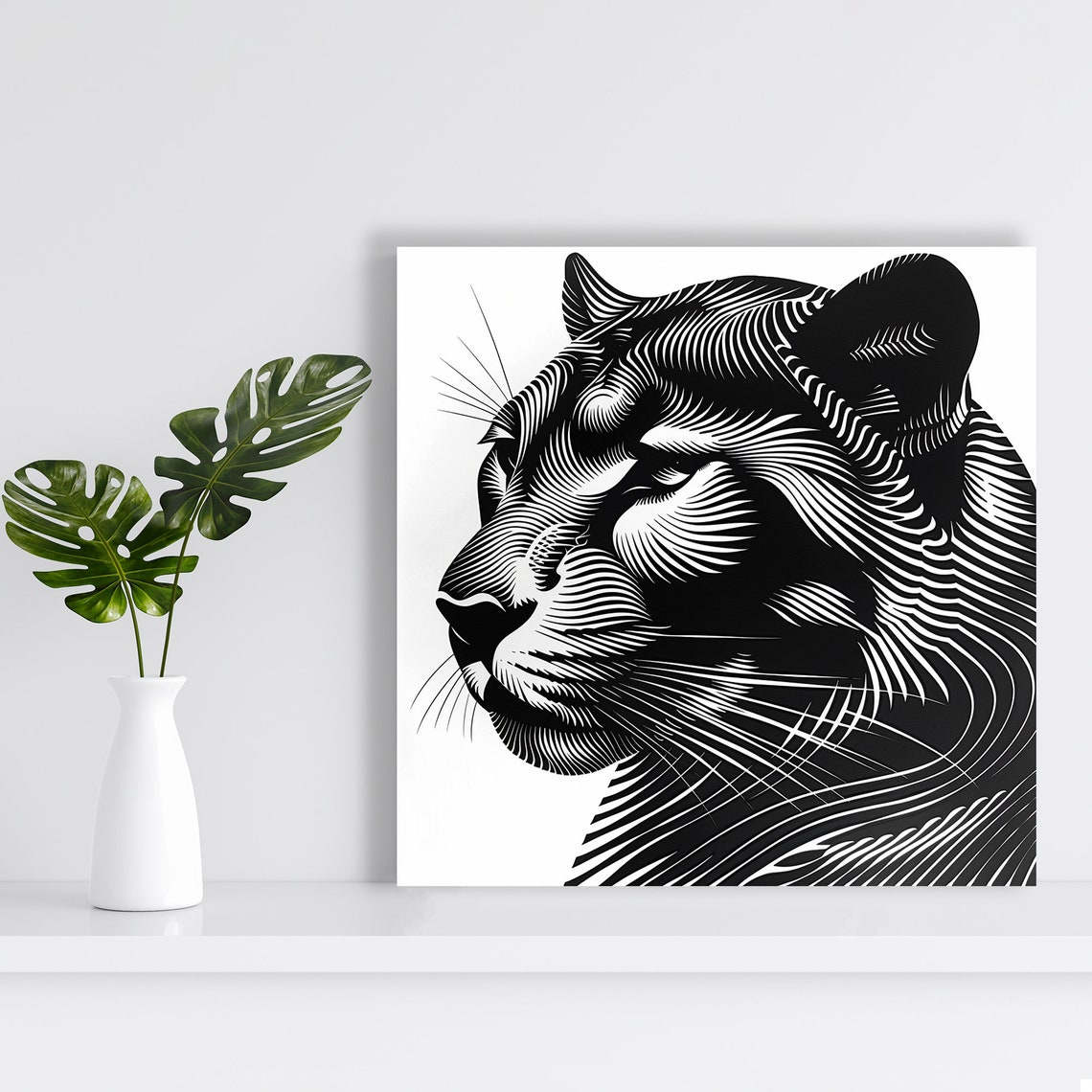 Black Cat Profile Flowing Monochrome Line Art Minimalist Wall Art - Image 2