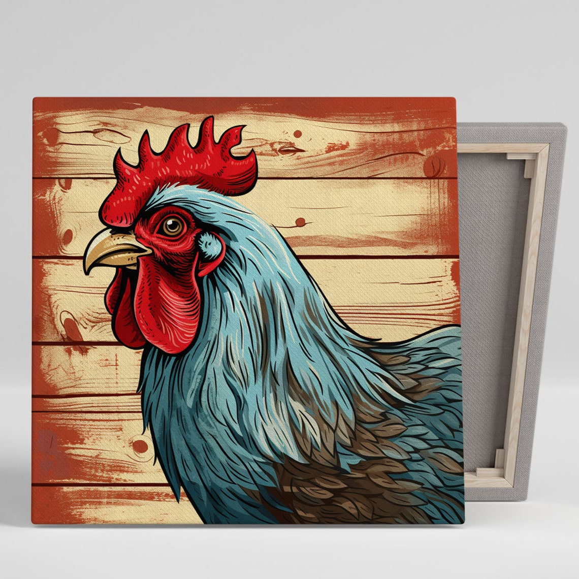 Rooster Portrait Red Comb Blue Feathered Rustic Wood Wall Poster