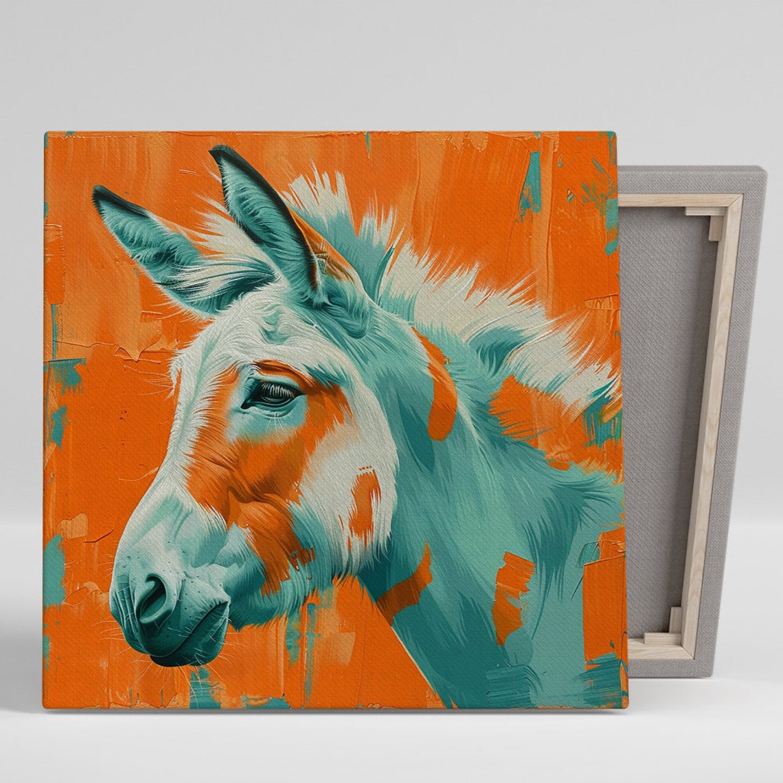 Donkey Portrait Teal and Orange Duotone Painterly Rustic Wall Art