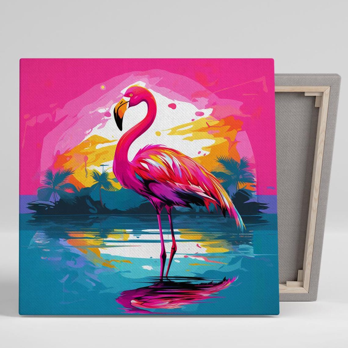 Pink Flamingo Sunset Palm Trees Vibrant Tropical Lagoon Art Poster