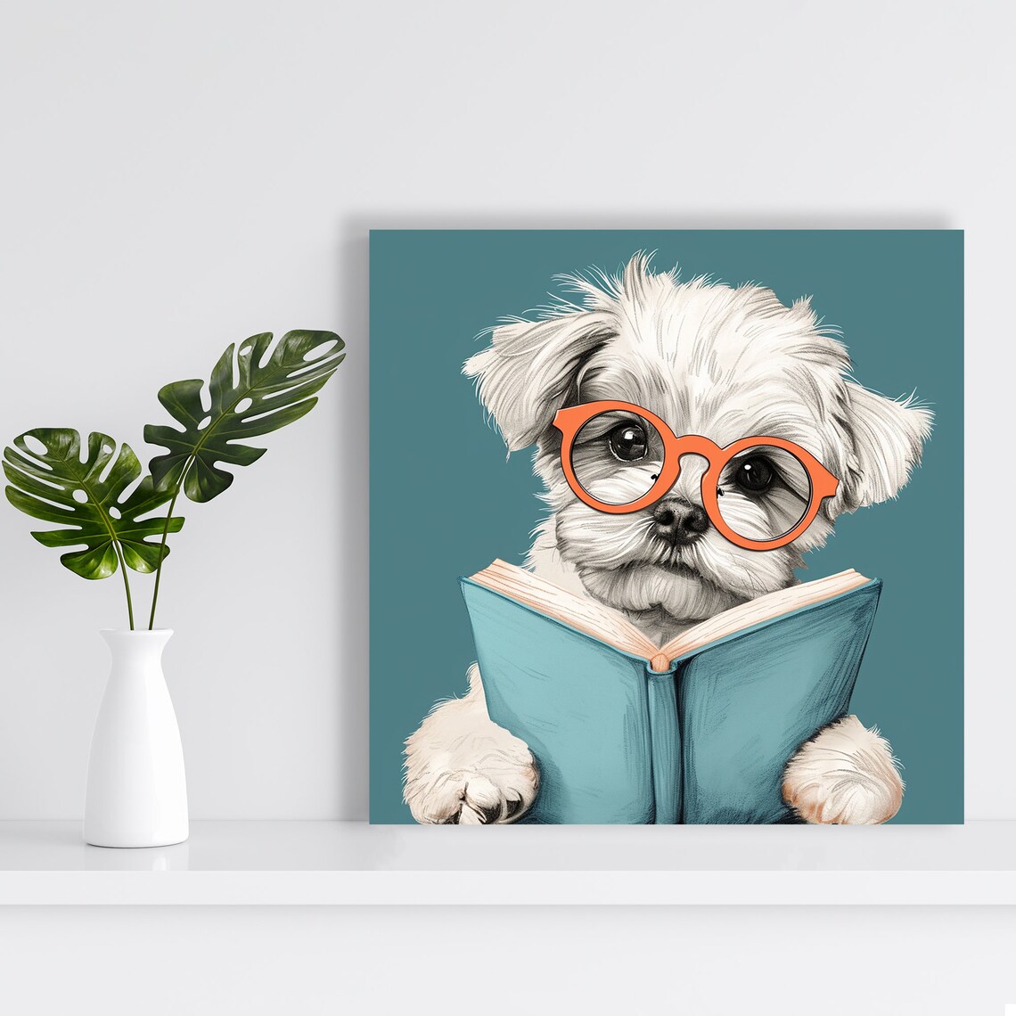 Maltese Puppy With Orange Glasses Reading Book Nerdy Library Art Poster - Image 2