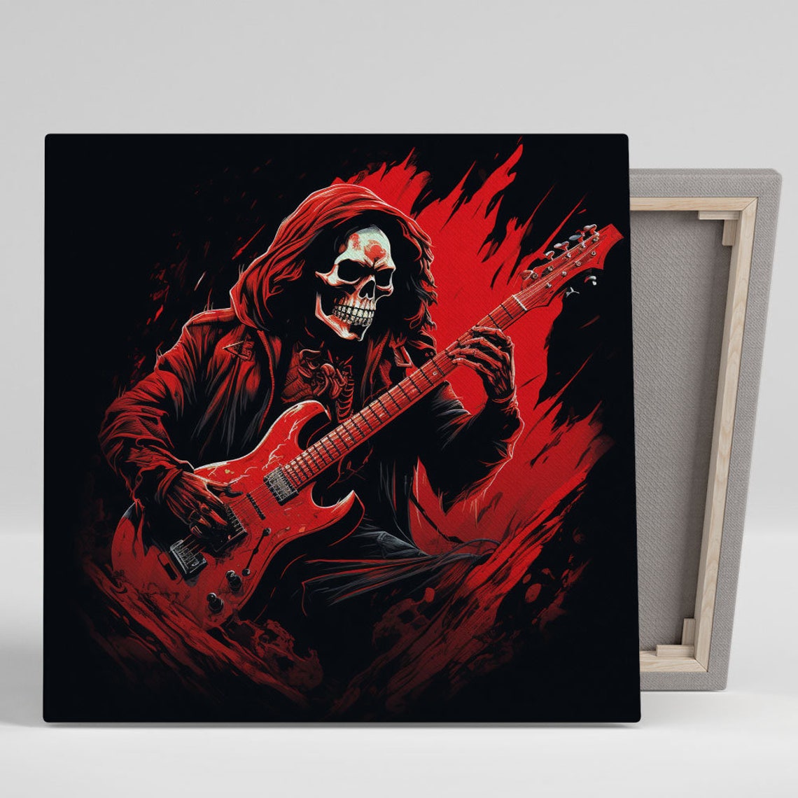 Skeleton Guitarist Red Hood Gothic Rock Music Dark Art Poster