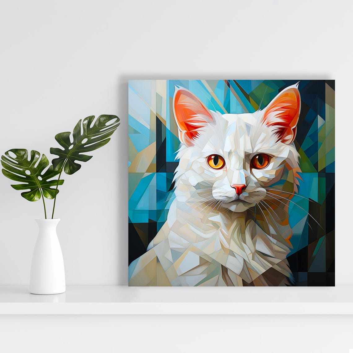 White Cat Geometric Mosaic Portrait Modern Abstract Wall Art Print - Image 2