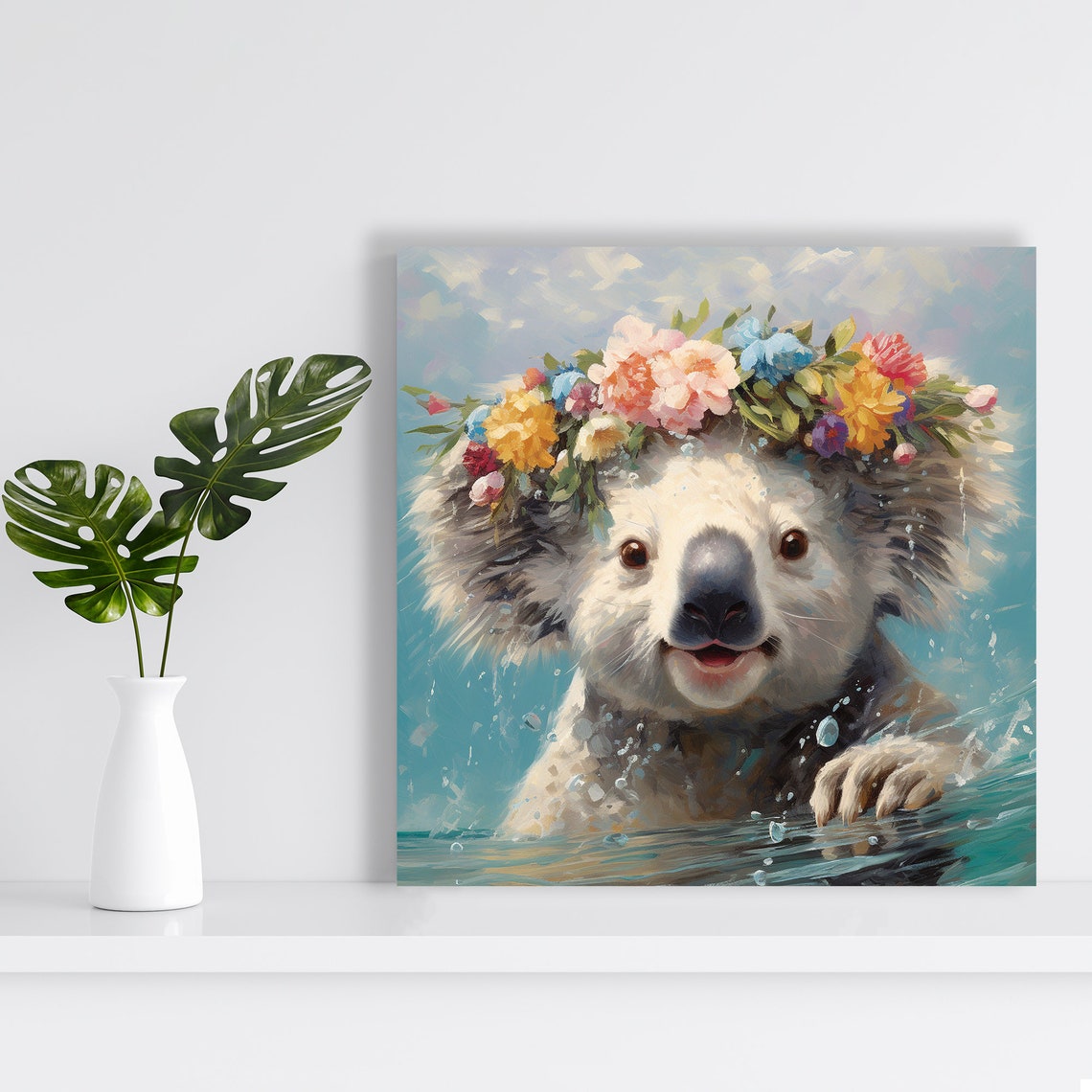 Koala With Flower Crown Emerging From Turquoise Water Poster - Image 2