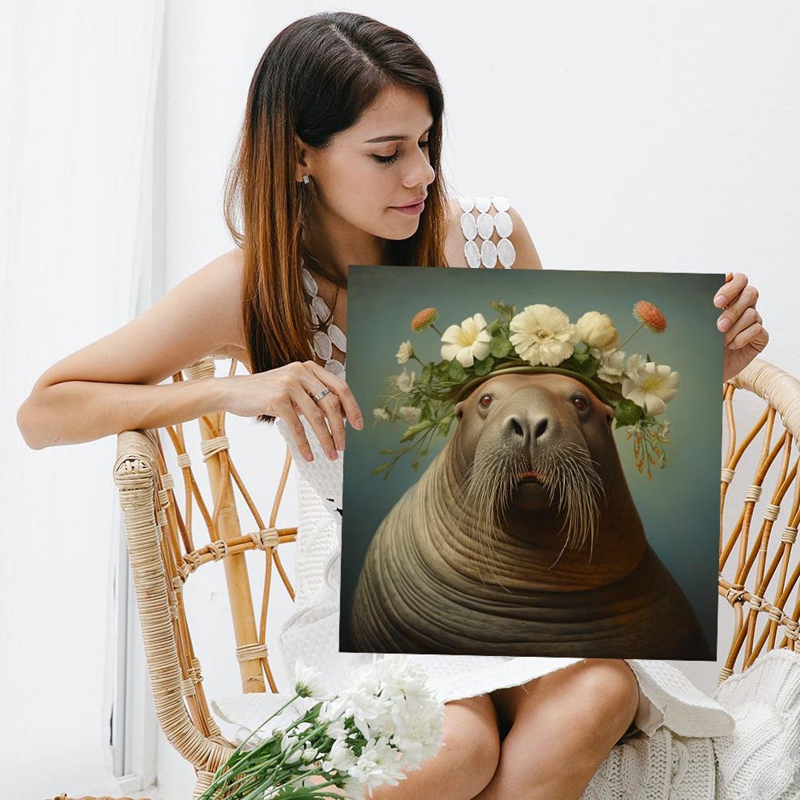 Walrus Wearing Floral Crown Vintage Style Animal Wall Art Decor Poster - Image 3