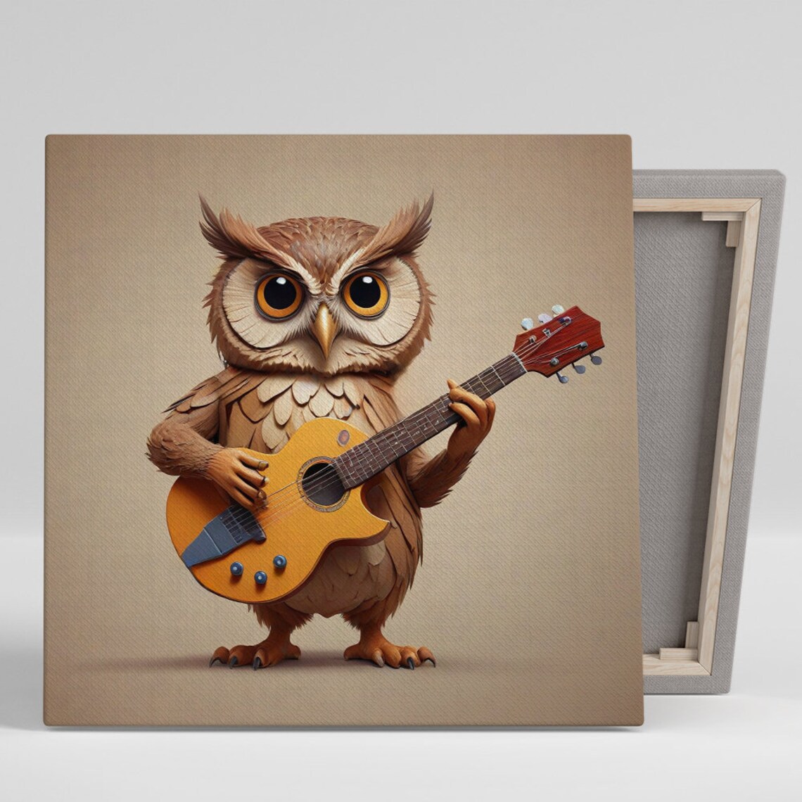 Owl Guitar Musician Whimsical Owl Playing Guitar Beige Animal Poster