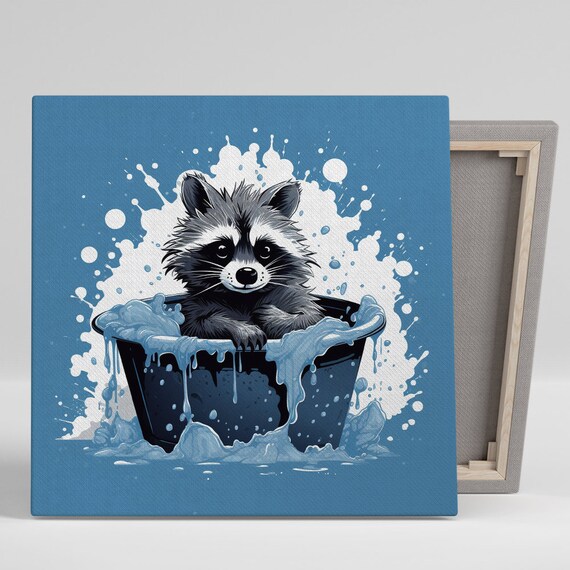 Raccoon Bath Time Splashy Blue Bathroom Funny Animal Wall Art Print