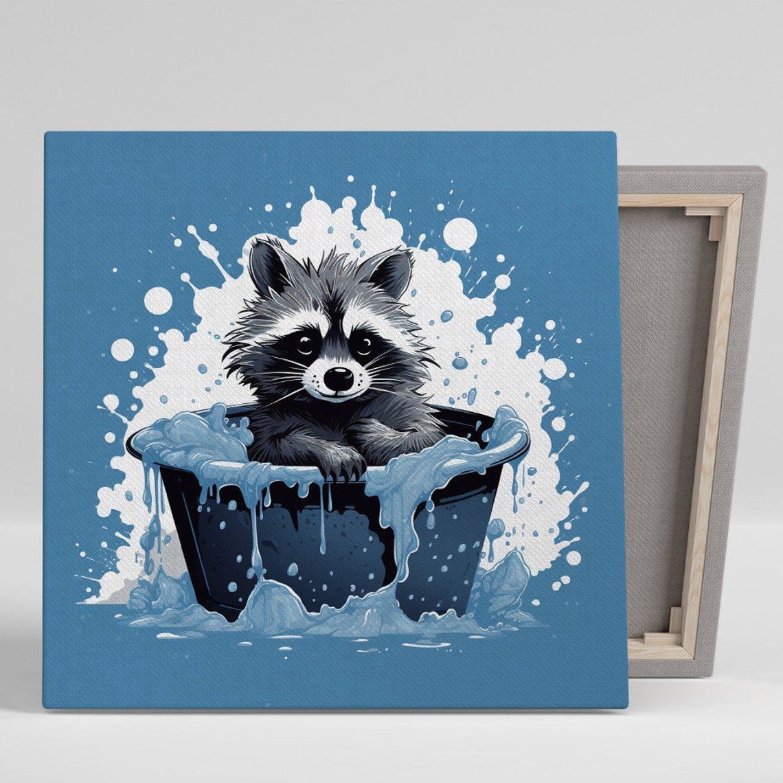 Raccoon Bath Time Splashy Blue Bathroom Funny Animal Wall Art Print