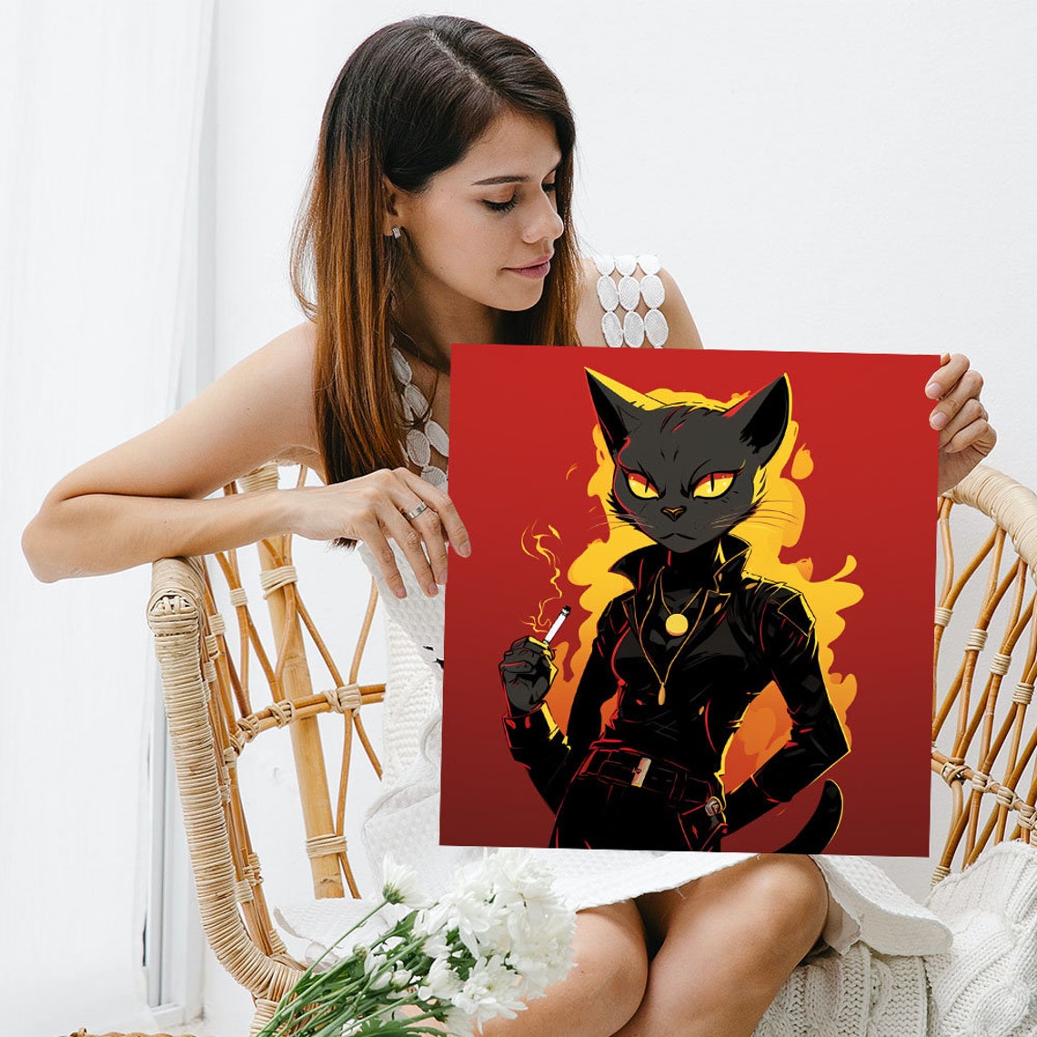 Rebel Black Cat In Leather Jacket Red Background Anime Wall Art Poster - Image 3