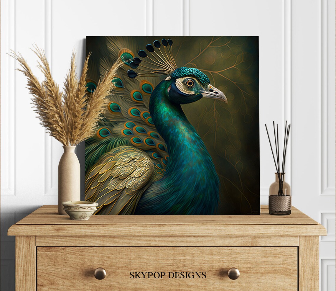 Elegant Peacock Profile Dark Golden Tones Realistic Bird Art Poster - Image 2