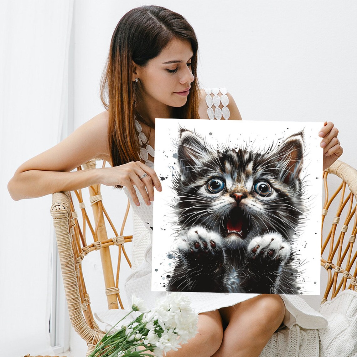 Startled Kitten Big Blue Eyes Watercolor Splash Cute Surprised Wall Poster - Image 3