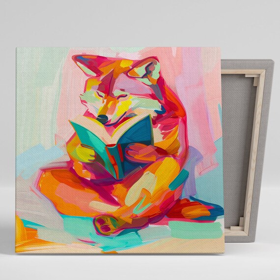 Colorful Fox Reading Book Joyful Abstract Nursery Library Wall Art Poster