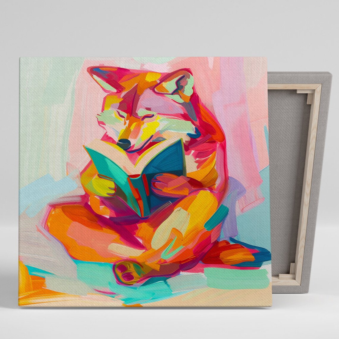 Colorful Fox Reading Book Joyful Abstract Nursery Library Wall Art Poster