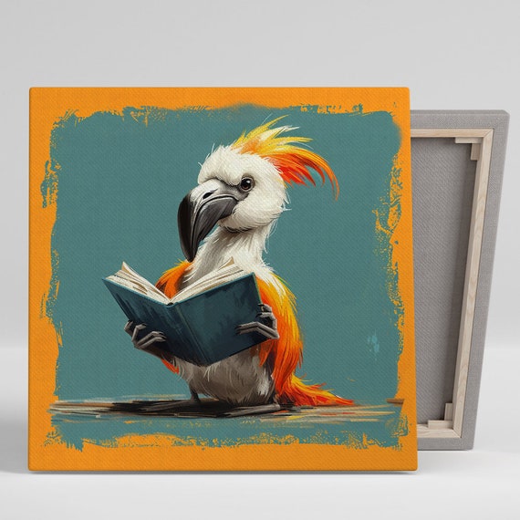 Bookworm Cockatoo Art Or Poster Whimsical Modern Decor Childrens Room Office Library Living Room Wall Art Teal Orange Yellow